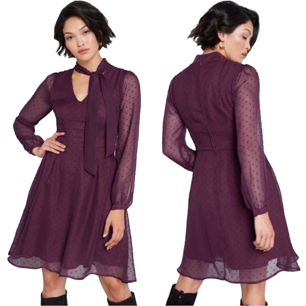 NWT MODCLOTH Apogee of Elegance Burgundy Swiss Dot Tie Neck Long Sleeve Dress